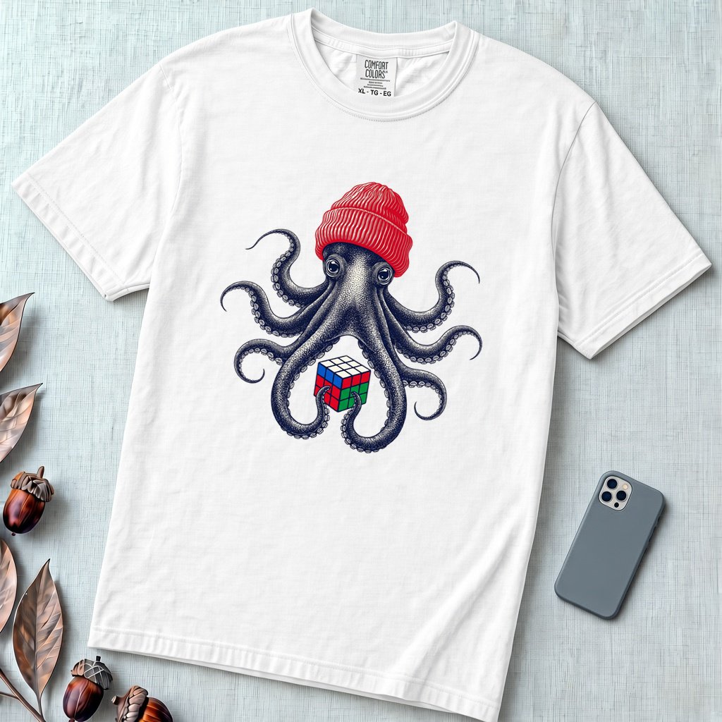 Octopus Rubik's Cube T-Shirt - White unfolded t-shirt mockup