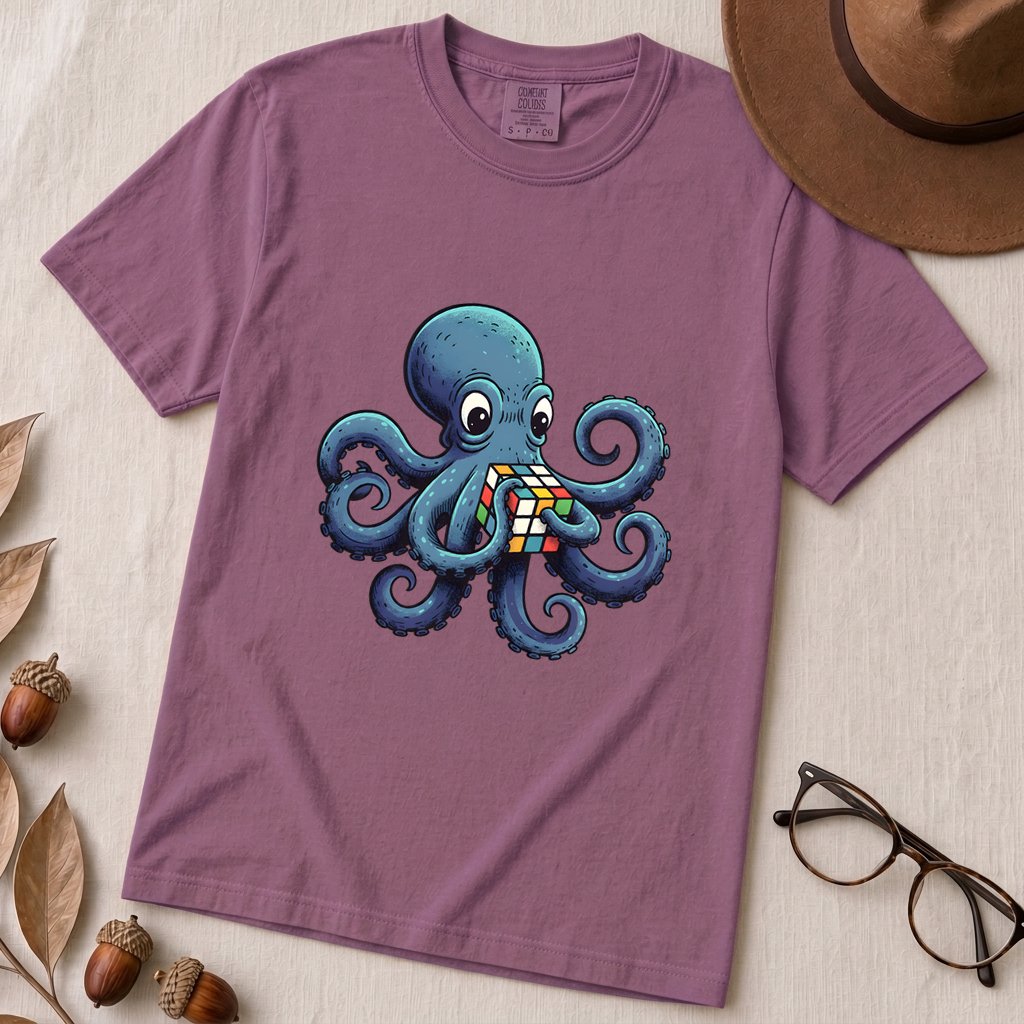 Octopus Solving Rubik's Cube T-Shirt, Funny Nerdy Shirt - Berry unfolded t-shirt mockup
