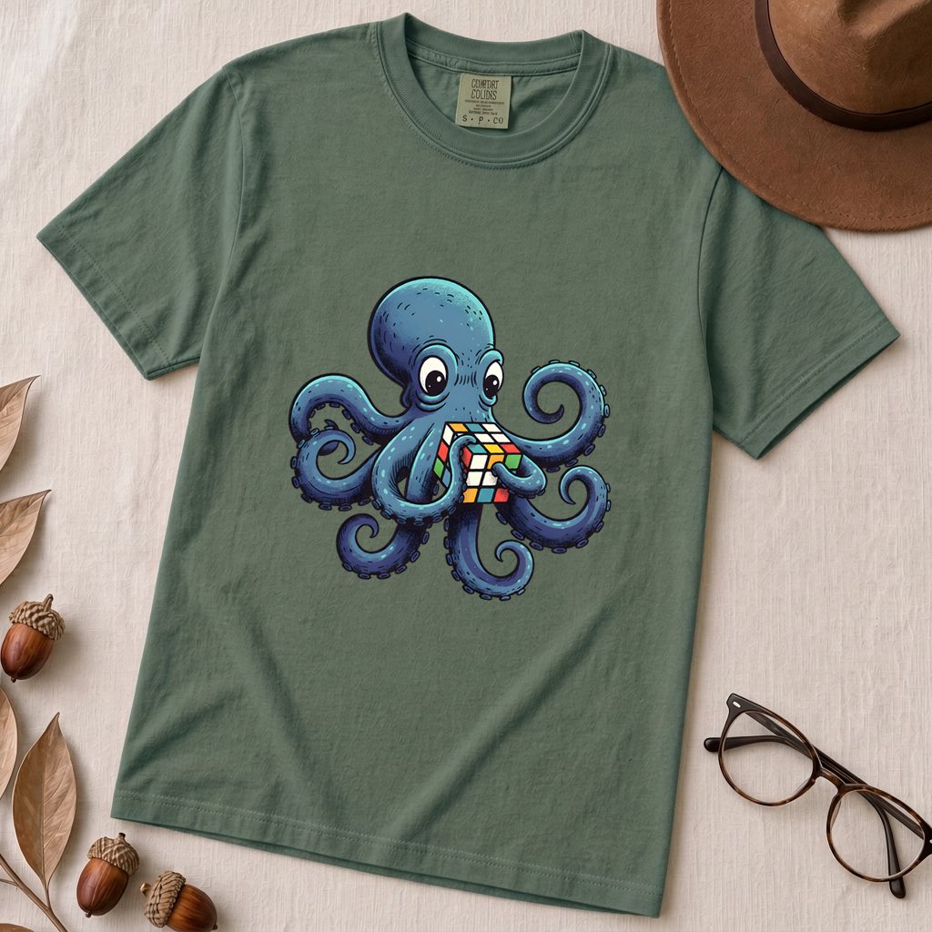 Octopus Solving Rubik's Cube T-Shirt, Funny Nerdy Shirt - Blue Spruce unfolded t-shirt mockup