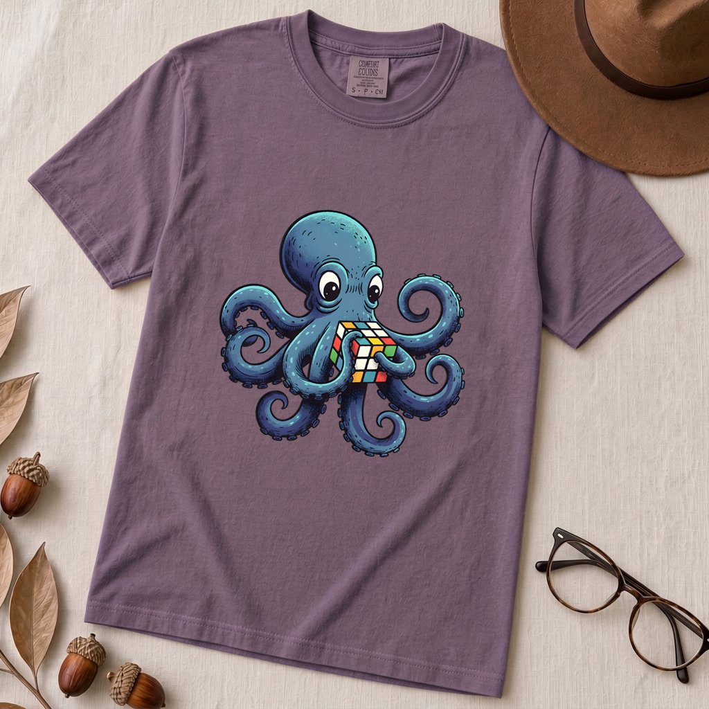 Octopus Solving Rubik's Cube T-Shirt, Funny Nerdy Shirt - Grape unfolded t-shirt mockup