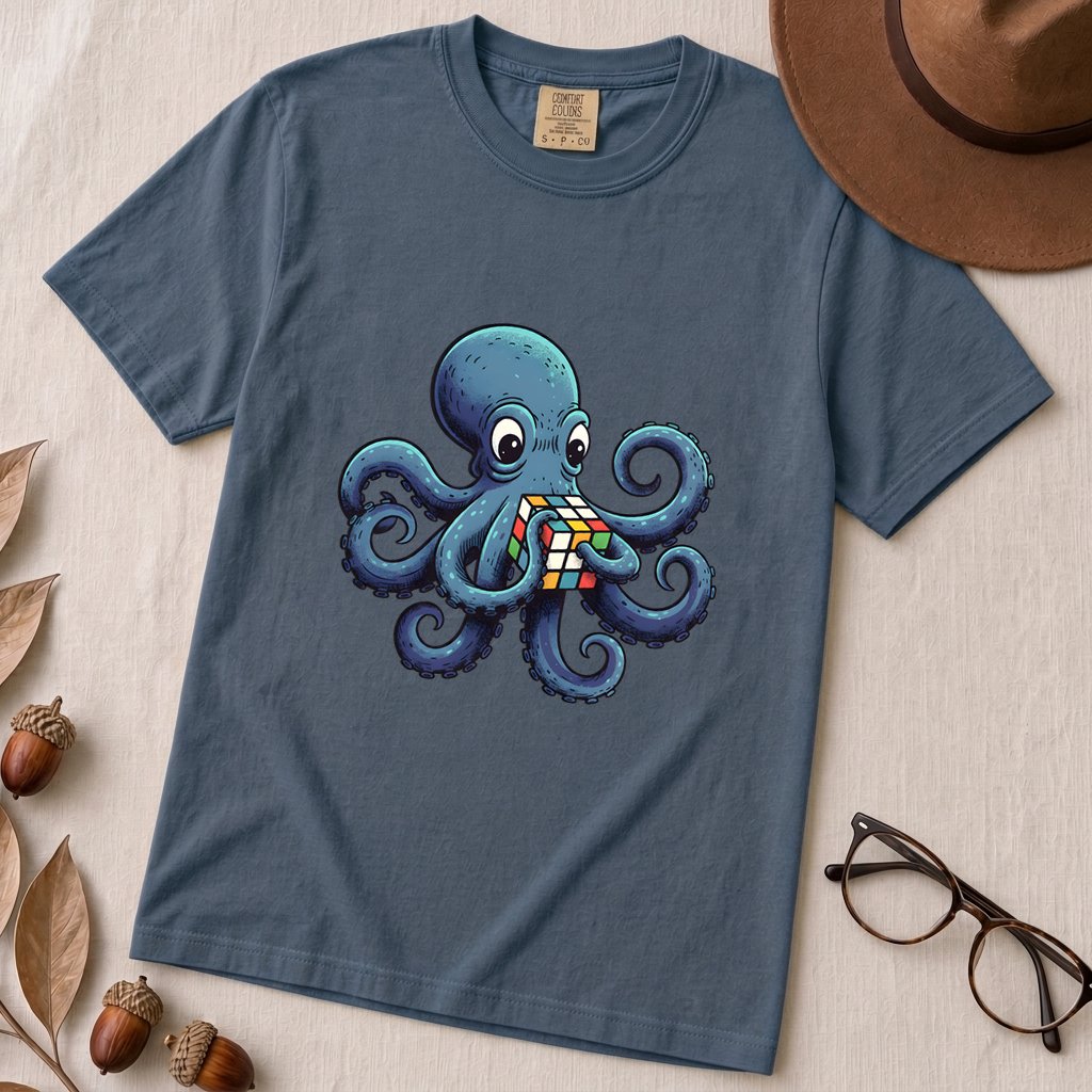 Octopus Solving Rubik's Cube T-Shirt, Funny Nerdy Shirt - Midnight unfolded t-shirt mockup