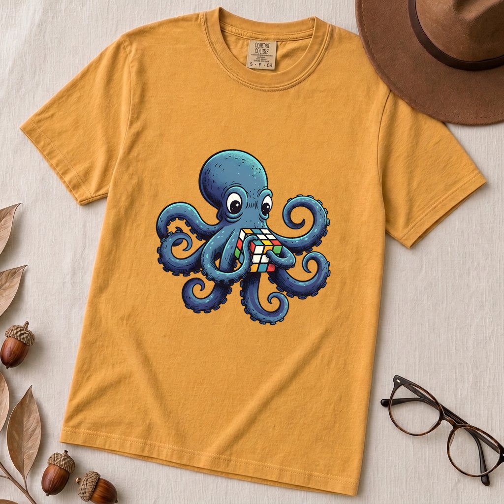 Octopus Solving Rubik's Cube T-Shirt, Funny Nerdy Shirt - Mustard unfolded t-shirt mockup