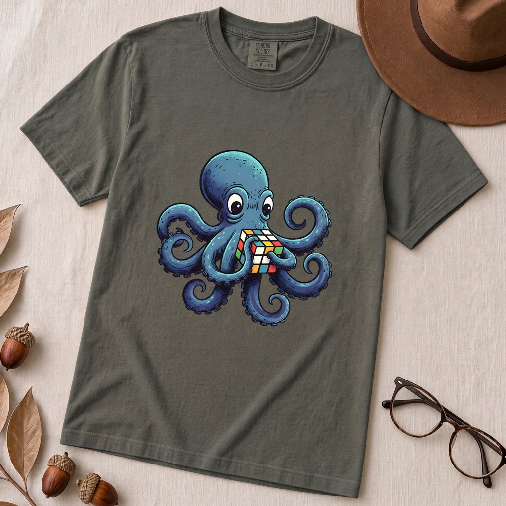 Octopus Solving Rubik's Cube T-Shirt, Funny Nerdy Shirt - Pepper unfolded t-shirt mockup
