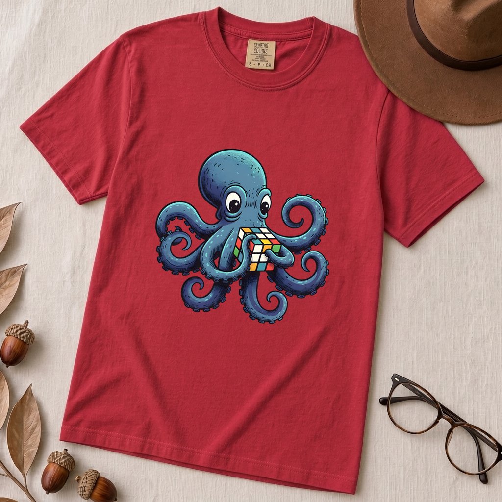 Octopus Solving Rubik's Cube T-Shirt, Funny Nerdy Shirt - Red unfolded t-shirt mockup