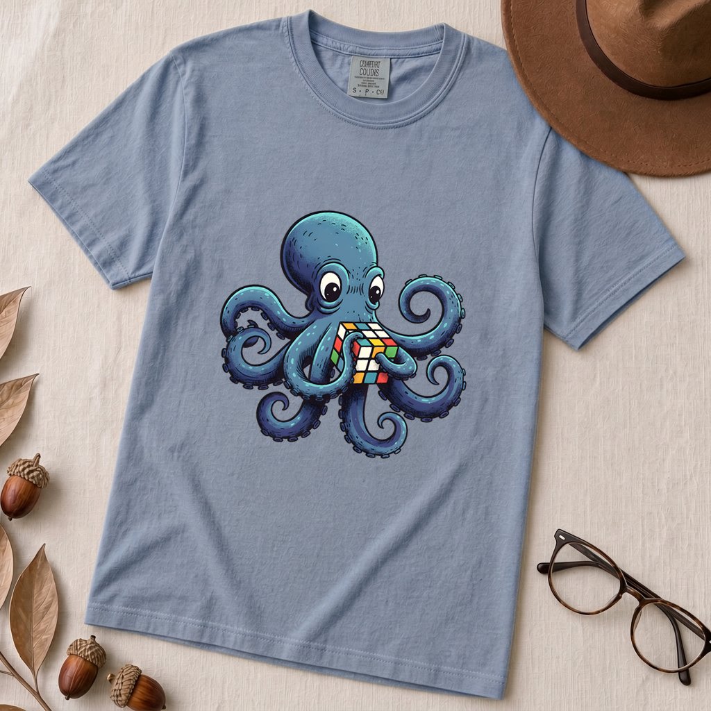 Octopus Solving Rubik's Cube T-Shirt, Funny Nerdy Shirt - Washed Denim unfolded t-shirt mockup