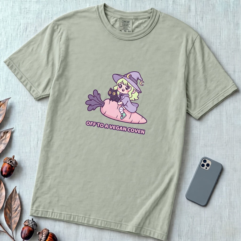 Off to a Vegan Coven - Witch Shirt, Cute Vegan Witch, Kawaii Vegetarian Tee - Bay unfolded t-shirt mockup