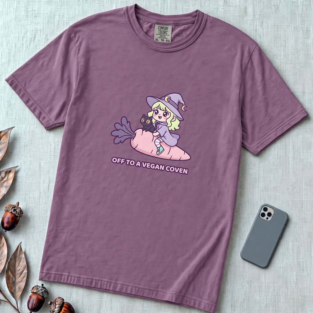 Off to a Vegan Coven - Witch Shirt, Cute Vegan Witch, Kawaii Vegetarian Tee - Berry unfolded t-shirt mockup