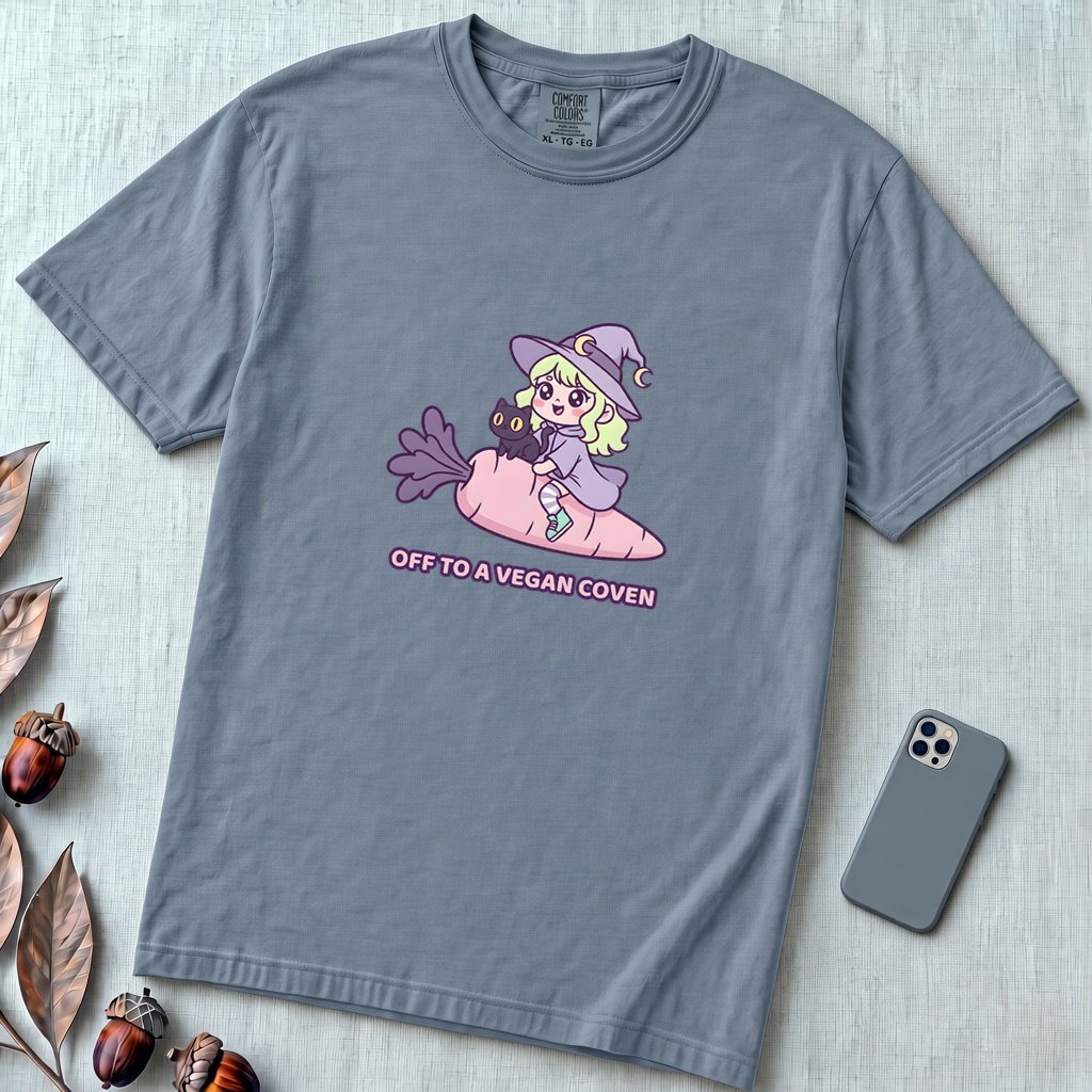 Off to a Vegan Coven - Witch Shirt, Cute Vegan Witch, Kawaii Vegetarian Tee - Blue Jean unfolded t-shirt mockup