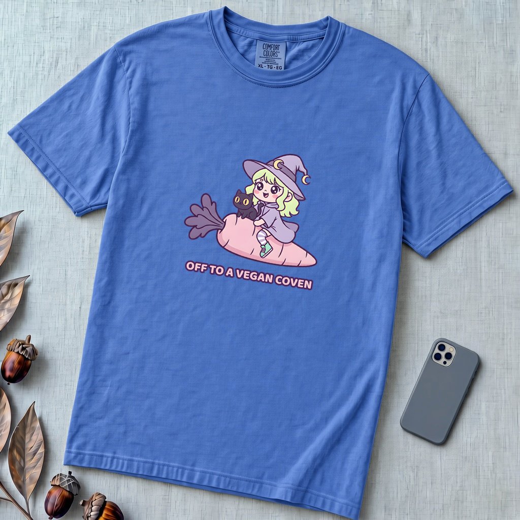 Off to a Vegan Coven - Witch Shirt, Cute Vegan Witch, Kawaii Vegetarian Tee - Flo Blue unfolded t-shirt mockup