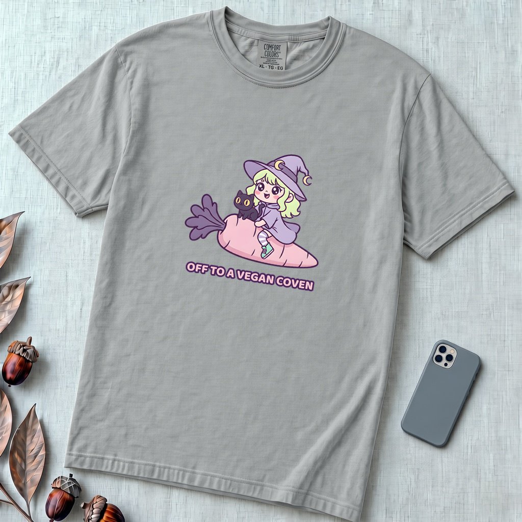 Off to a Vegan Coven - Witch Shirt, Cute Vegan Witch, Kawaii Vegetarian Tee - Granite unfolded t-shirt mockup