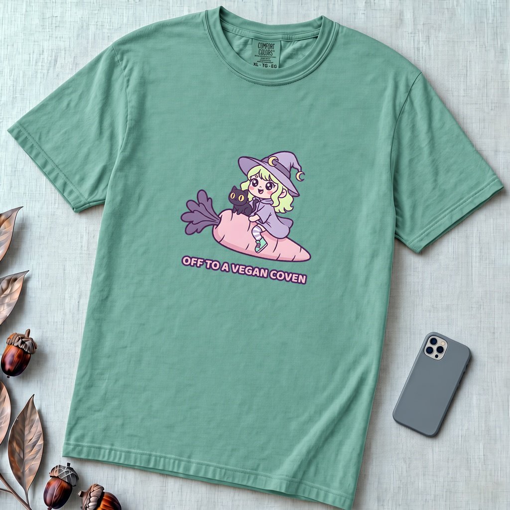 Off to a Vegan Coven - Witch Shirt, Cute Vegan Witch, Kawaii Vegetarian Tee - Seafoam unfolded t-shirt mockup