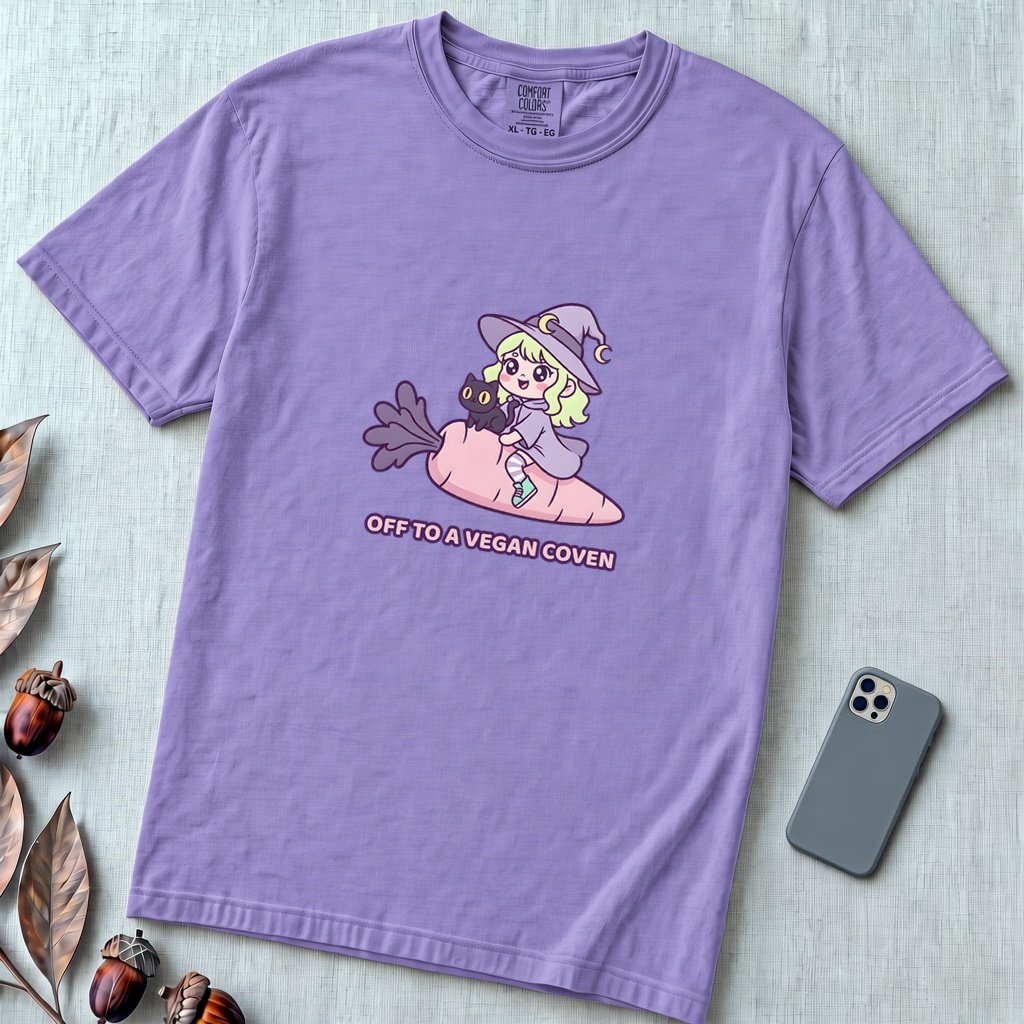 Off to a Vegan Coven - Witch Shirt, Cute Vegan Witch, Kawaii Vegetarian Tee - Violet unfolded t-shirt mockup