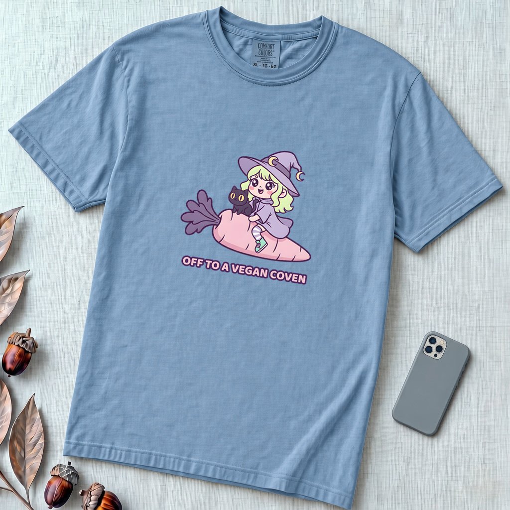 Off to a Vegan Coven - Witch Shirt, Cute Vegan Witch, Kawaii Vegetarian Tee - Washed Denim unfolded t-shirt mockup