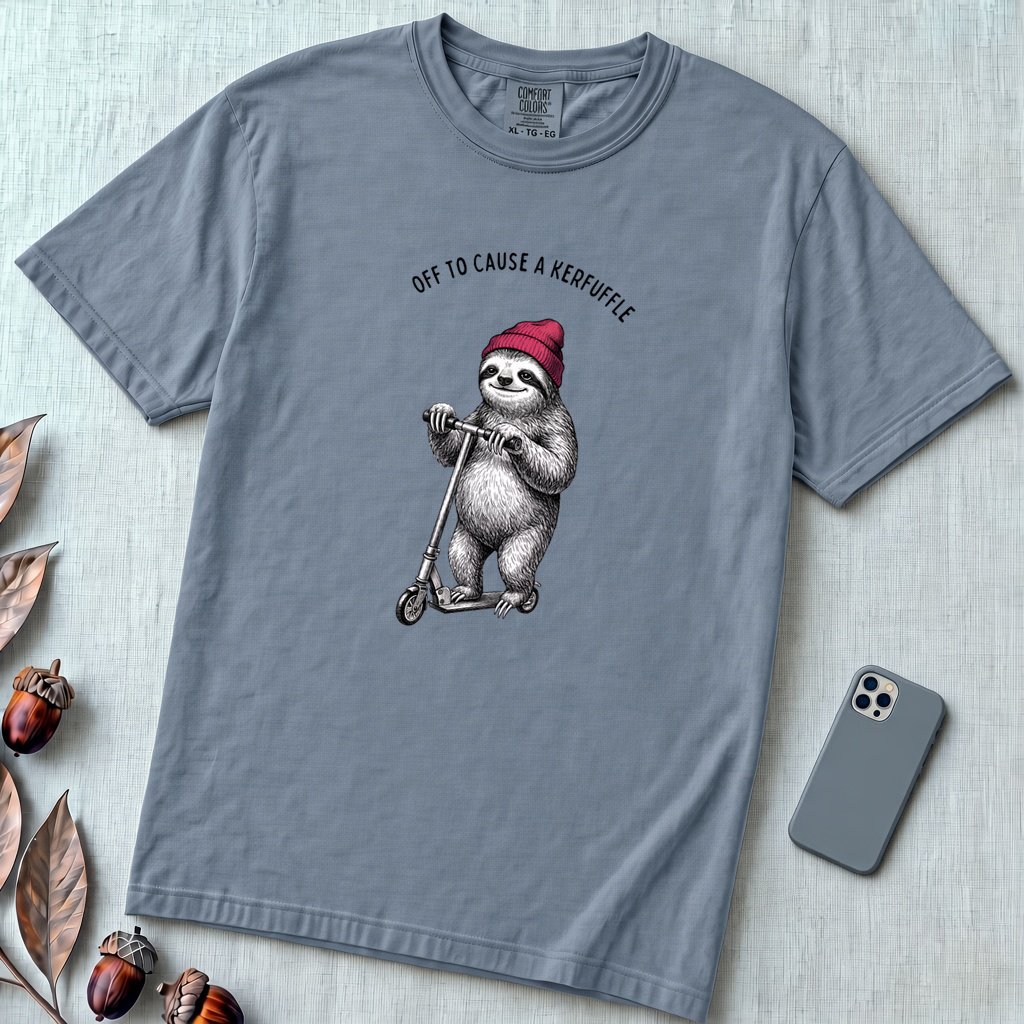 Off to Cause a Kerfuffle — Funny Sloth Scooter T-Shirt - Blue Jean unfolded t-shirt mockup