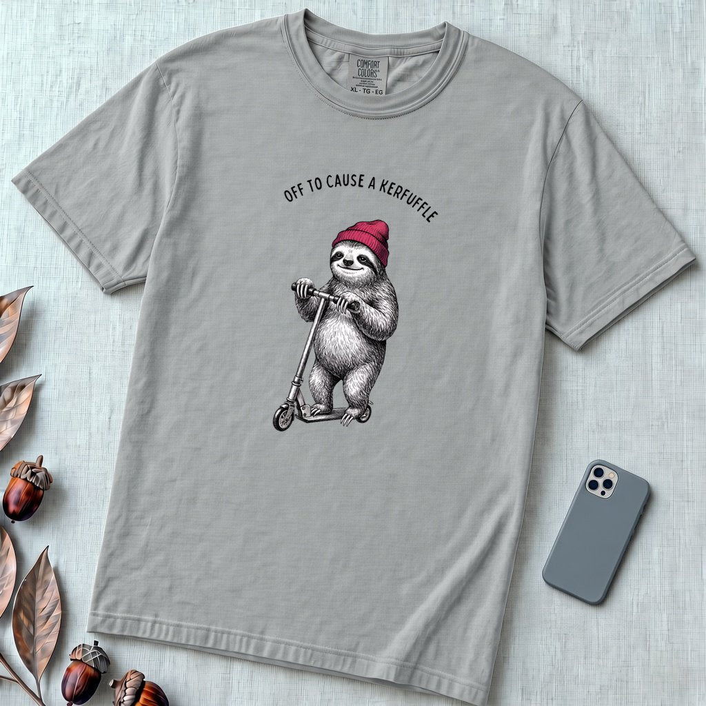 Off to Cause a Kerfuffle — Funny Sloth Scooter T-Shirt - Granite unfolded t-shirt mockup