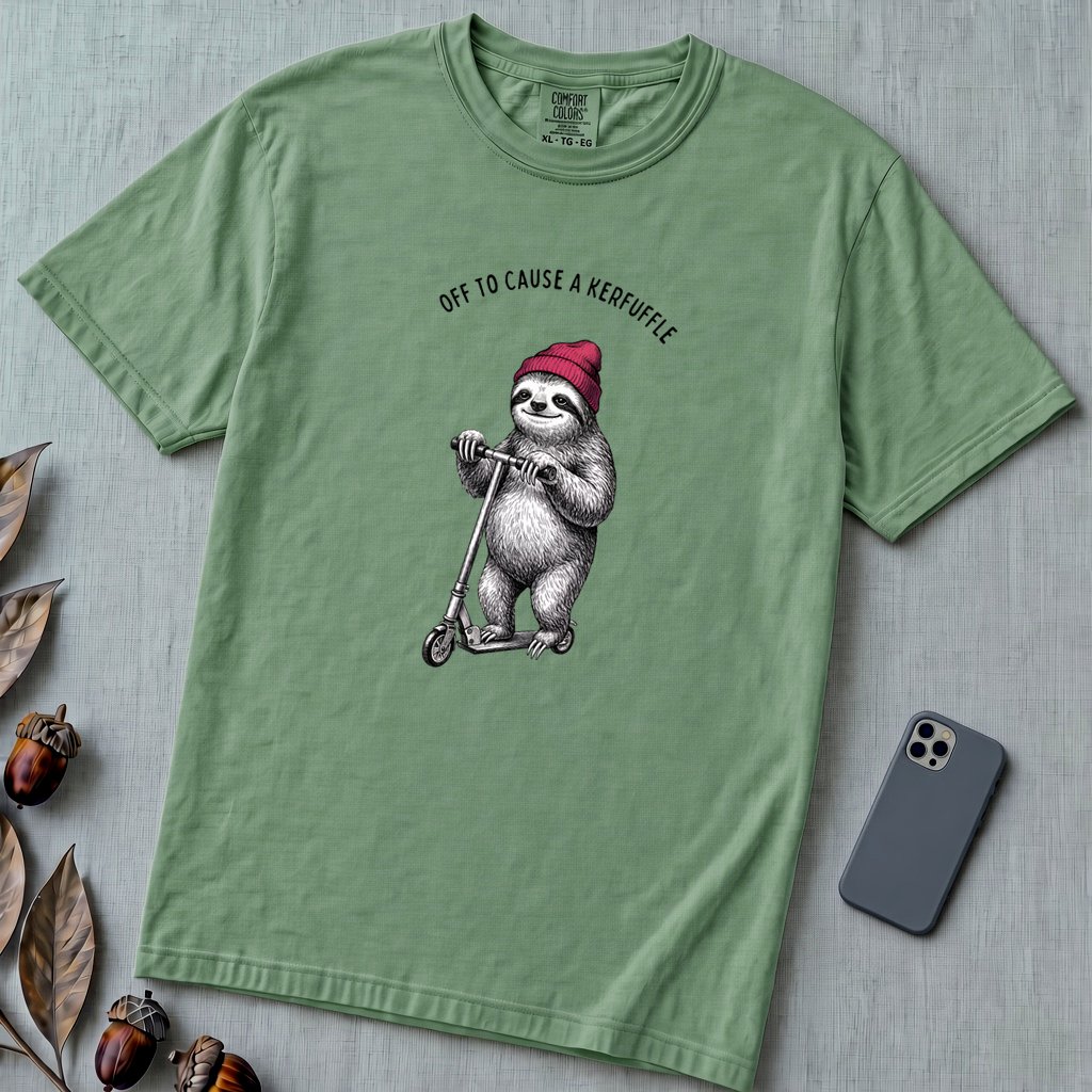 Off to Cause a Kerfuffle — Funny Sloth Scooter T-Shirt - Light Green unfolded t-shirt mockup