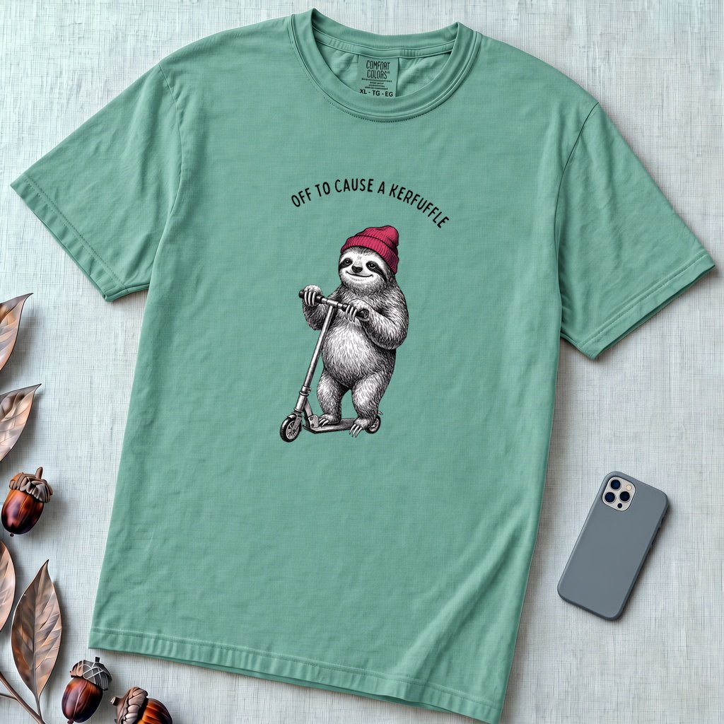 Off to Cause a Kerfuffle — Funny Sloth Scooter T-Shirt - Seafoam unfolded t-shirt mockup