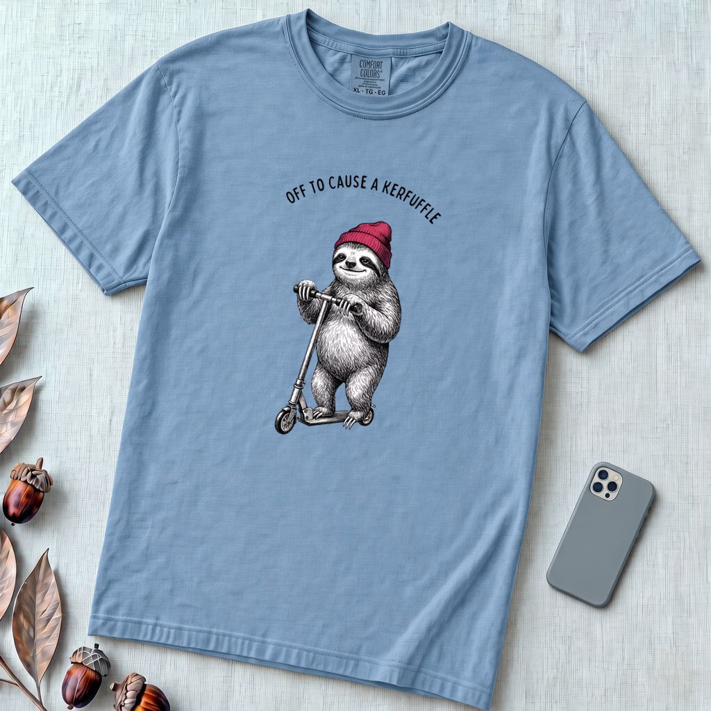 Off to Cause a Kerfuffle — Funny Sloth Scooter T-Shirt - Washed Denim unfolded t-shirt mockup