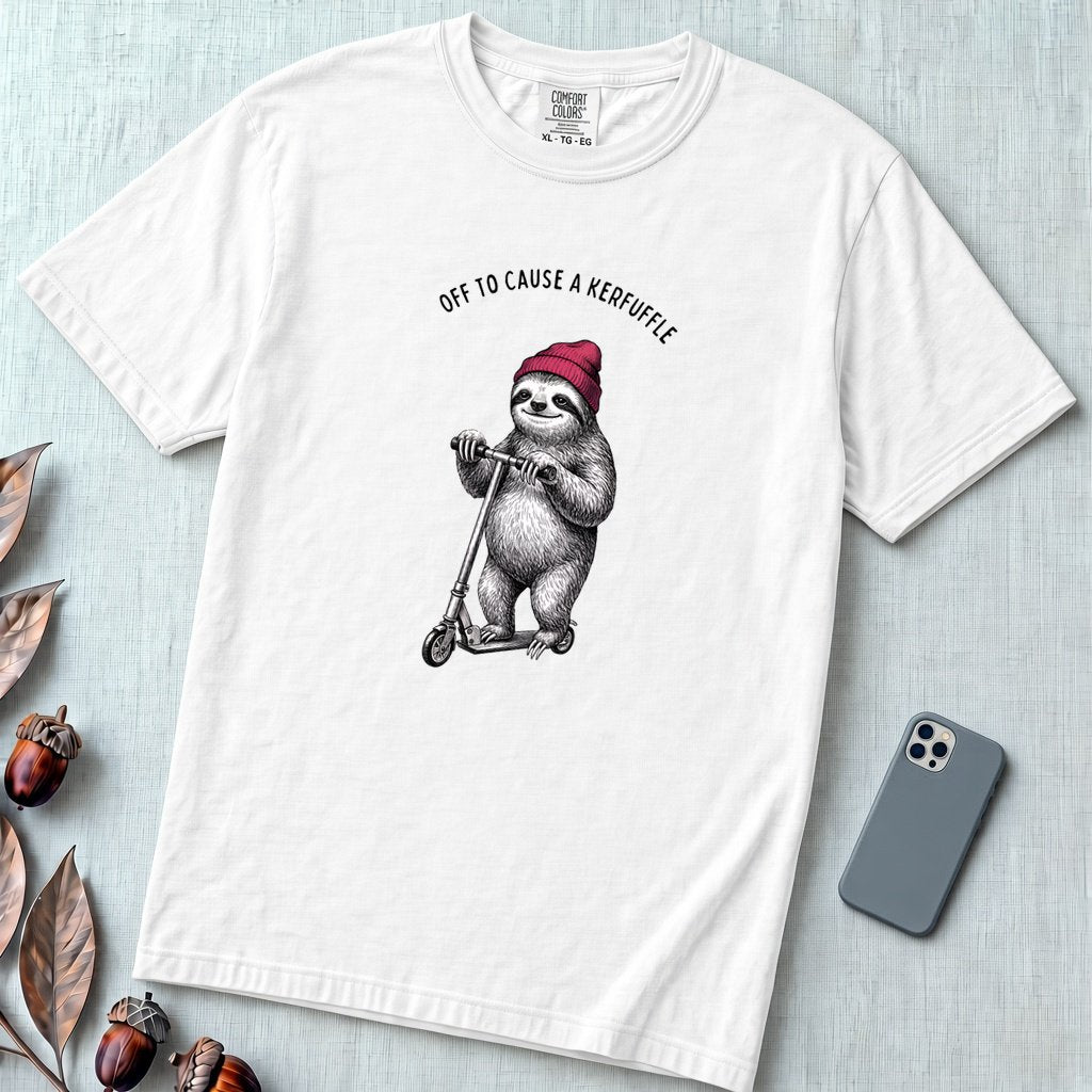 Off to Cause a Kerfuffle — Funny Sloth Scooter T-Shirt - White unfolded t-shirt mockup