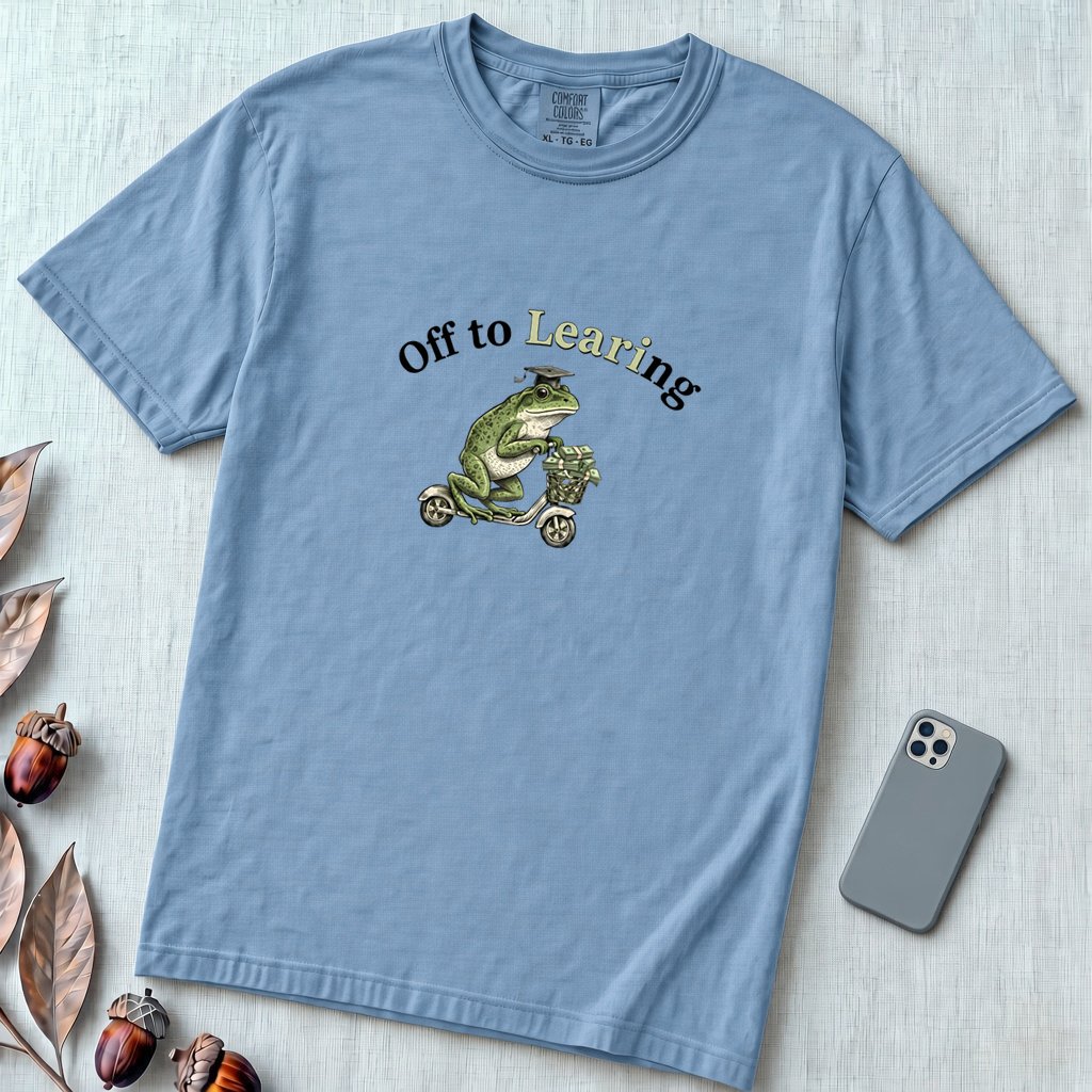 Off to Learing Frog Shirt – Minnesota Fraud Meme, Learning Center Parody Tee - Washed Denim unfolded t-shirt mockup