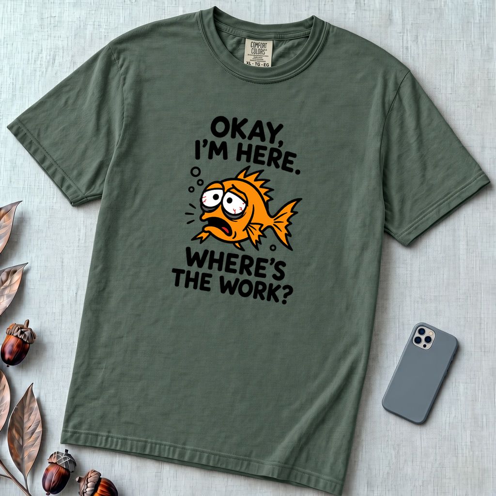 Okay, I’m Here. Where’s the Work? T-Shirt - Blue Spruce unfolded t-shirt mockup