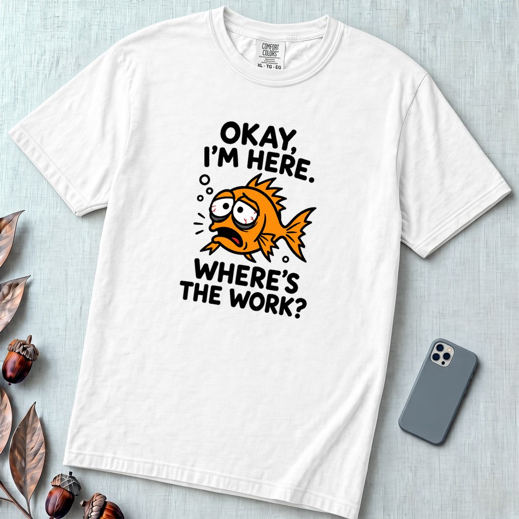 Okay, I’m Here. Where’s the Work? T-Shirt - White unfolded t-shirt mockup