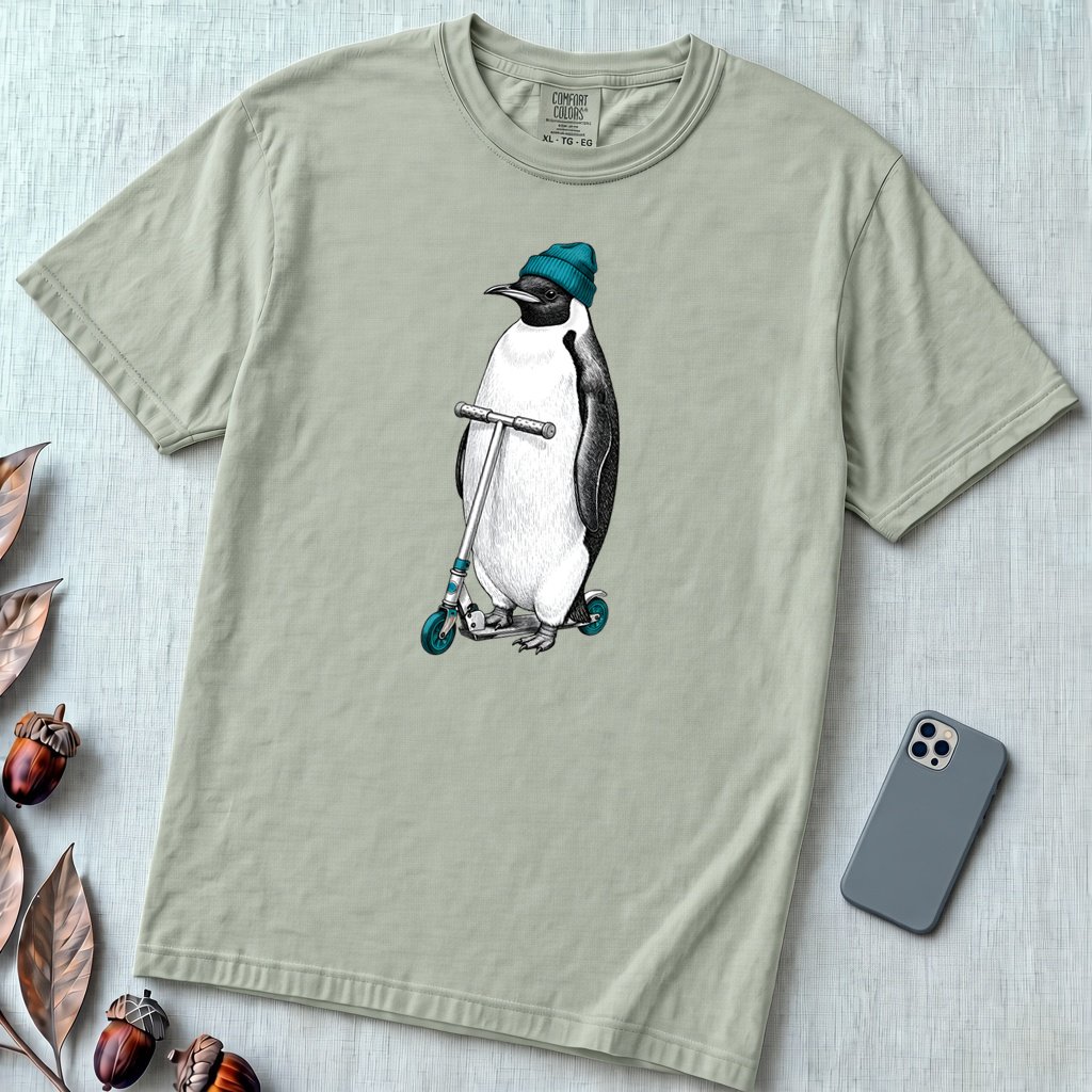 Original Penguin T-Shirt - Ride The Kick Scooter Tee - Bay unfolded t-shirt mockup