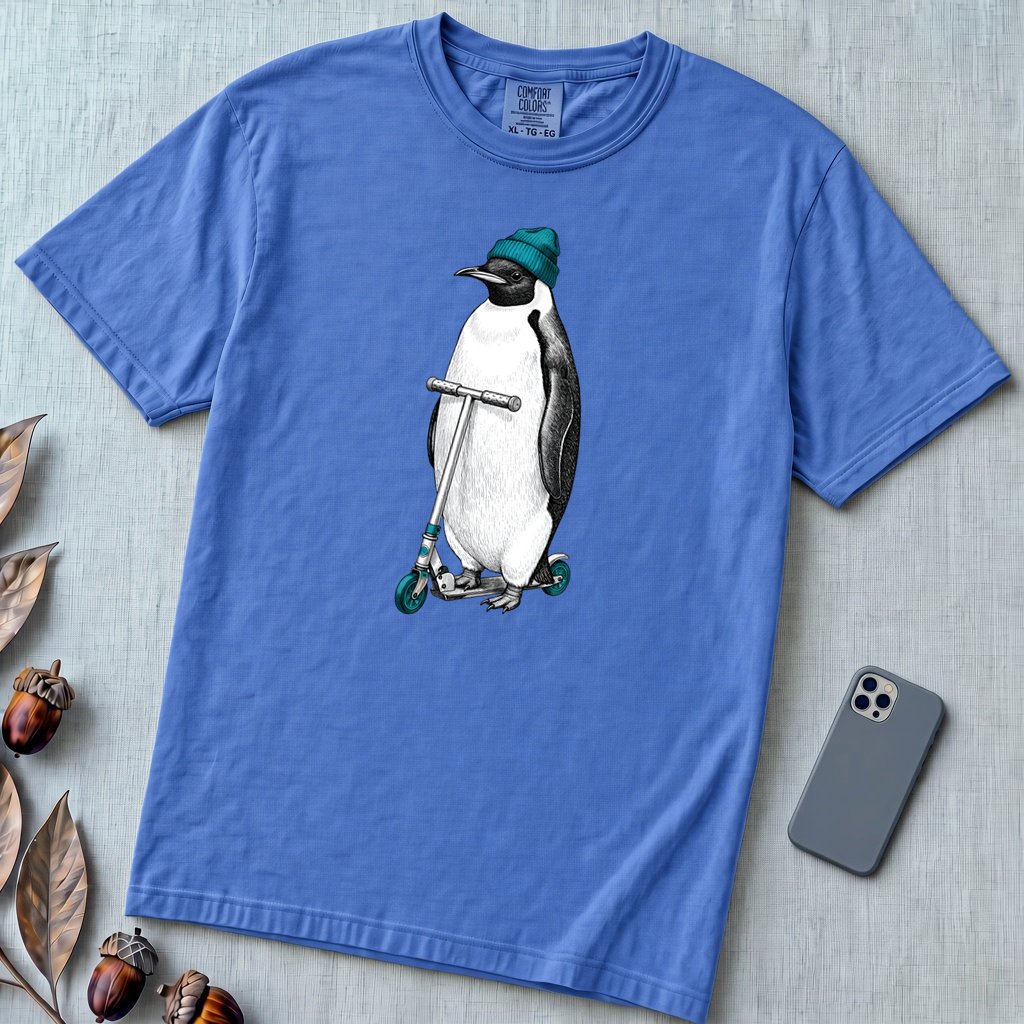 Original Penguin T-Shirt - Ride The Kick Scooter Tee - Flo Blue unfolded t-shirt mockup