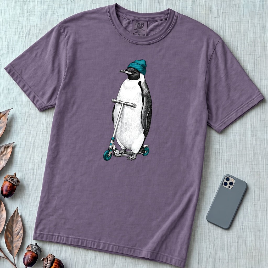 Original Penguin T-Shirt - Ride The Kick Scooter Tee - Grape unfolded t-shirt mockup