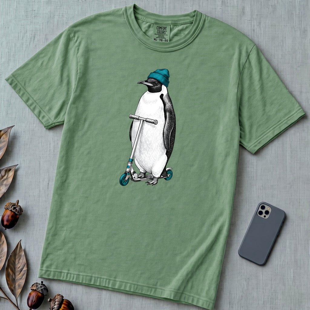 Original Penguin T-Shirt - Ride The Kick Scooter Tee - Light Green unfolded t-shirt mockup