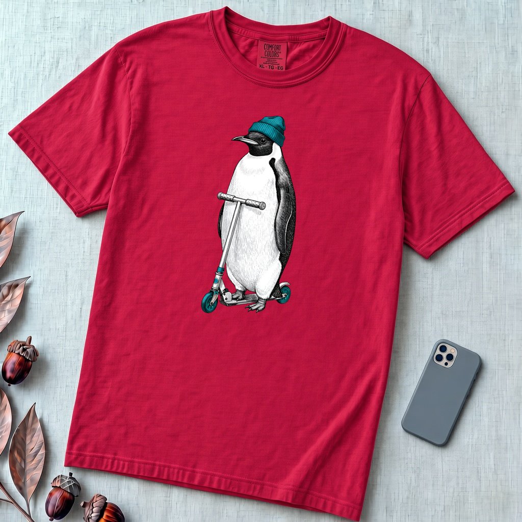 Original Penguin T-Shirt - Ride The Kick Scooter Tee - Red unfolded t-shirt mockup