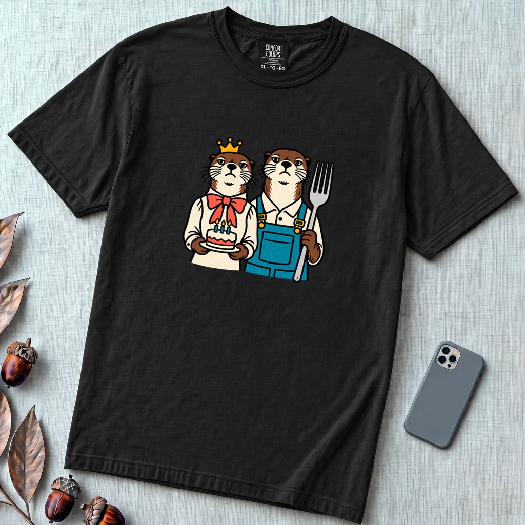 Otter Birthday Cake T-Shirt, Classic Painting Parody T-Shirt - Black unfolded t-shirt mockup