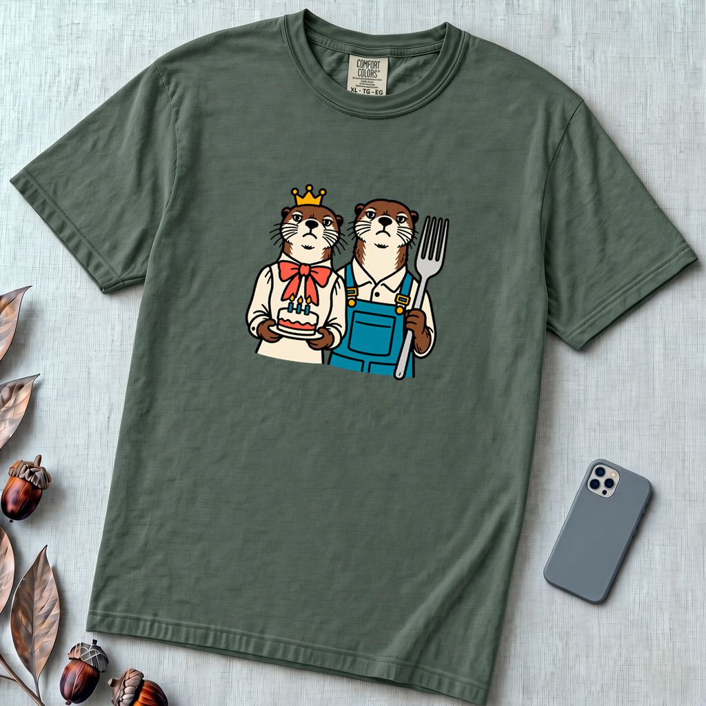 Otter Birthday Cake T-Shirt, Classic Painting Parody T-Shirt - Blue Spruce unfolded t-shirt mockup