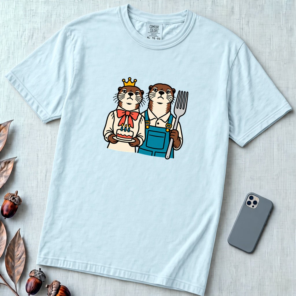 Otter Birthday Cake T-Shirt, Classic Painting Parody T-Shirt - Chambray unfolded t-shirt mockup