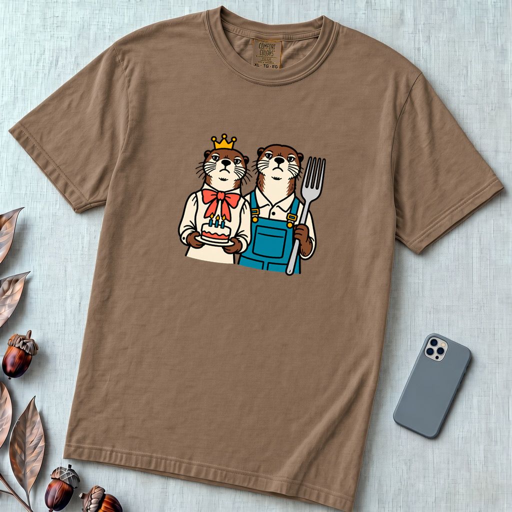 Otter Birthday Cake T-Shirt, Classic Painting Parody T-Shirt - Espresso unfolded t-shirt mockup