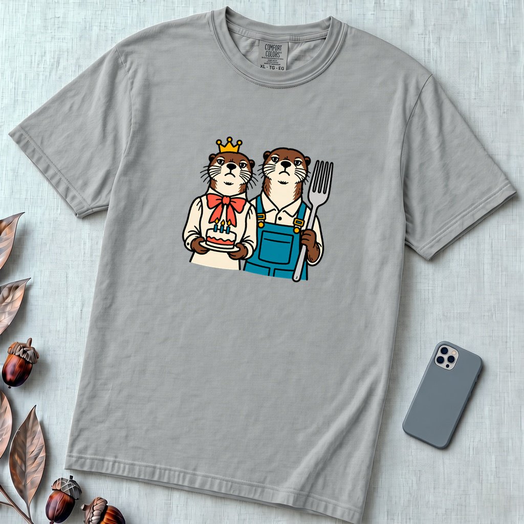 Otter Birthday Cake T-Shirt, Classic Painting Parody T-Shirt - Granite unfolded t-shirt mockup