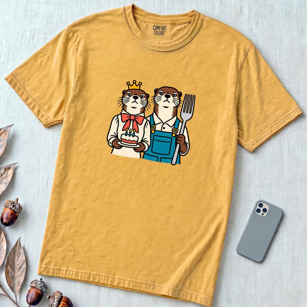Otter Birthday Cake T-Shirt, Classic Painting Parody T-Shirt - Mustard unfolded t-shirt mockup