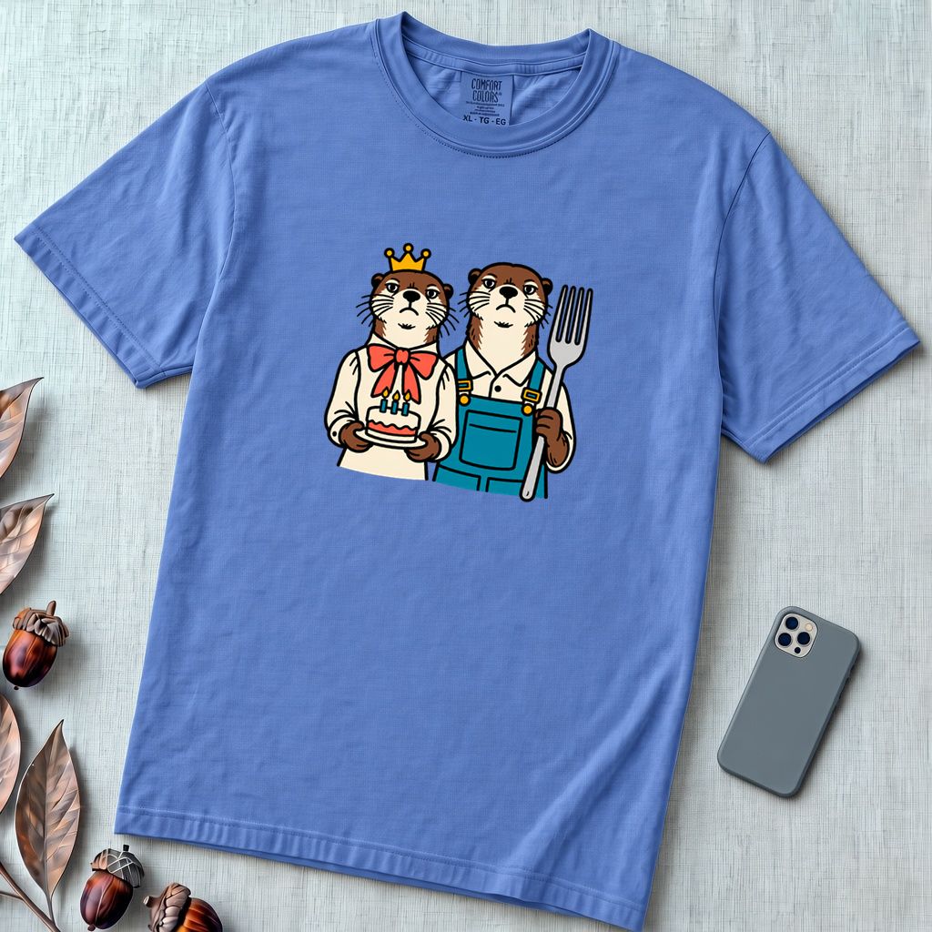 Otter Birthday Cake T-Shirt, Classic Painting Parody T-Shirt - Mystic Blue unfolded t-shirt mockup