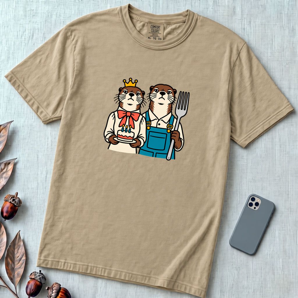 Otter Birthday Cake T-Shirt, Classic Painting Parody T-Shirt - Sandstone unfolded t-shirt mockup
