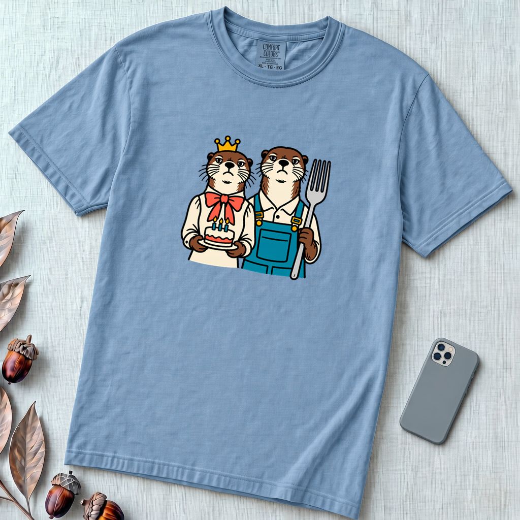 Otter Birthday Cake T-Shirt, Classic Painting Parody T-Shirt - Washed Denim unfolded t-shirt mockup