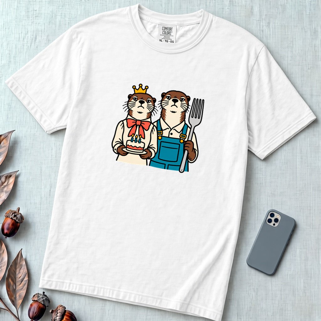 Otter Birthday Cake T-Shirt, Classic Painting Parody T-Shirt - White unfolded t-shirt mockup