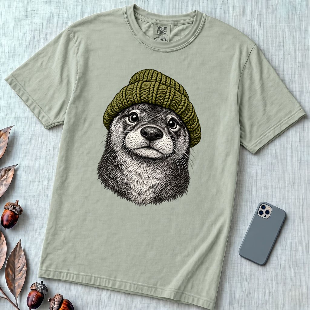Otter in a Beanie T-Shirt - Bay unfolded t-shirt mockup