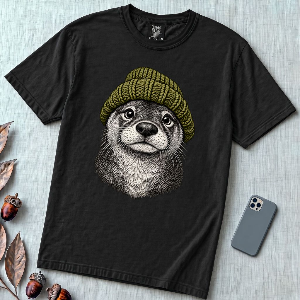 Otter in a Beanie T-Shirt - Black unfolded t-shirt mockup