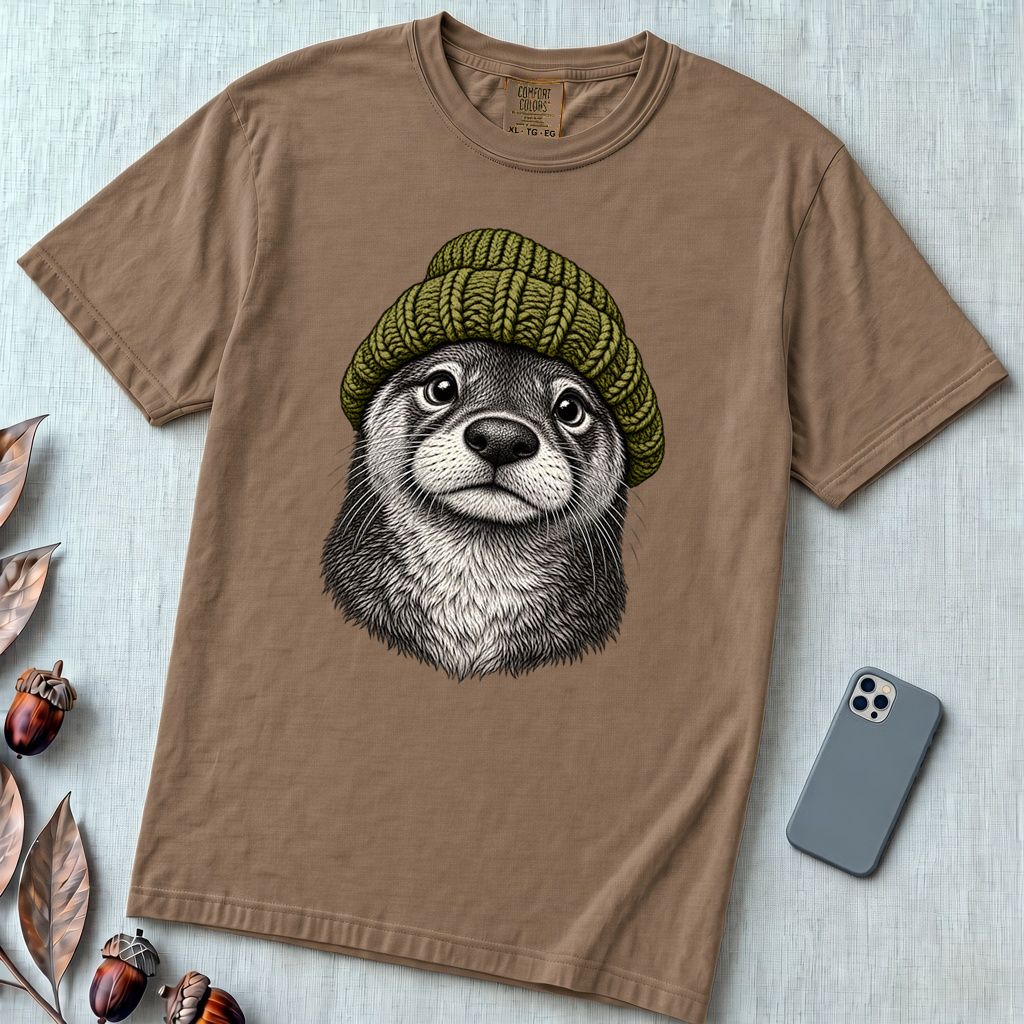Otter in a Beanie T-Shirt - Espresso unfolded t-shirt mockup
