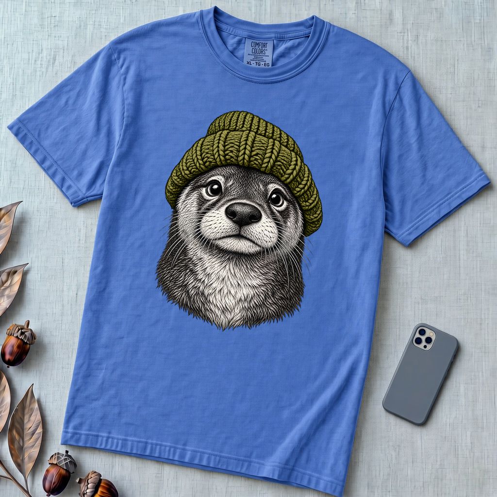 Otter in a Beanie T-Shirt - Flo Blue unfolded t-shirt mockup