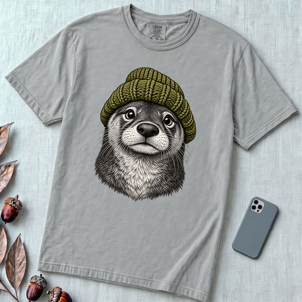 Otter in a Beanie T-Shirt - Granite unfolded t-shirt mockup