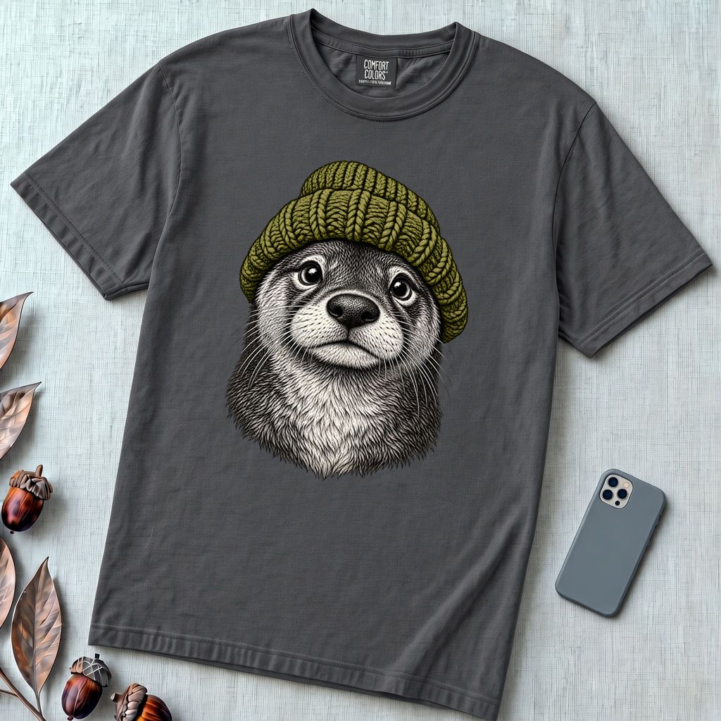 Otter in a Beanie T-Shirt - Graphite unfolded t-shirt mockup