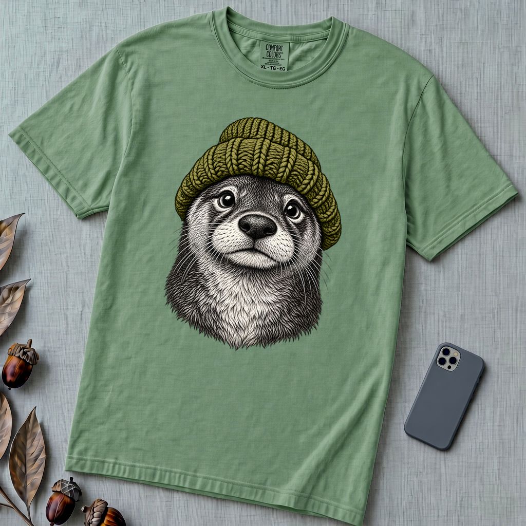 Otter in a Beanie T-Shirt - Light Green unfolded t-shirt mockup