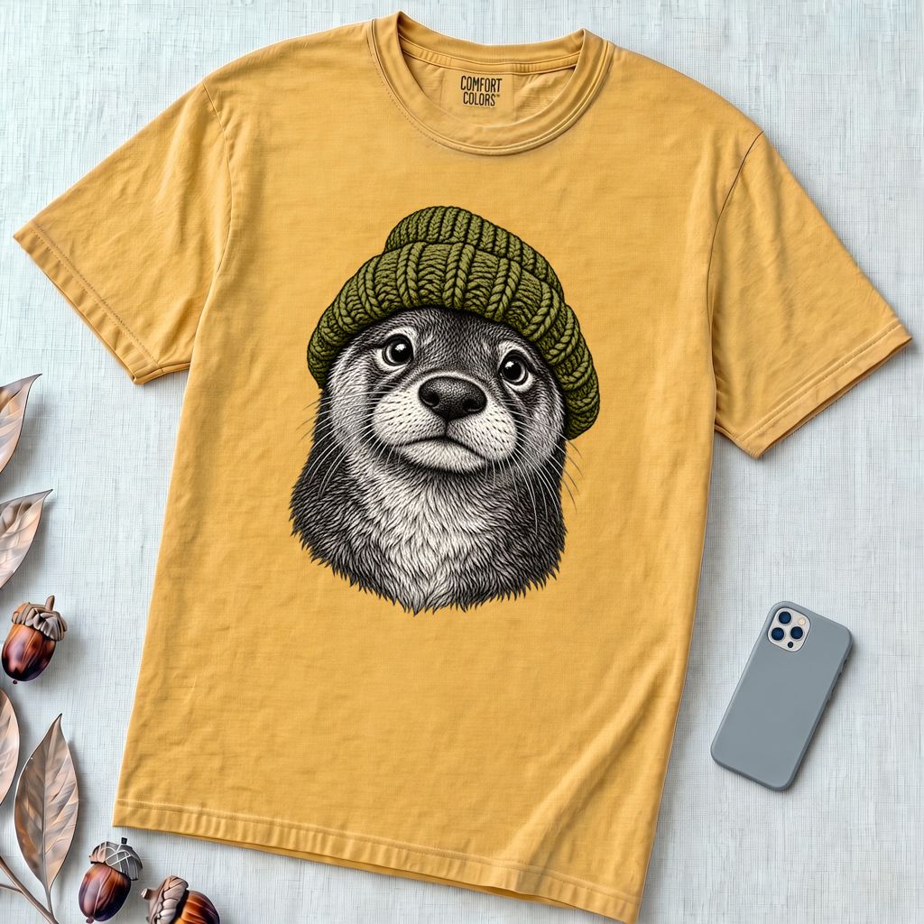 Otter in a Beanie T-Shirt - Mustard unfolded t-shirt mockup