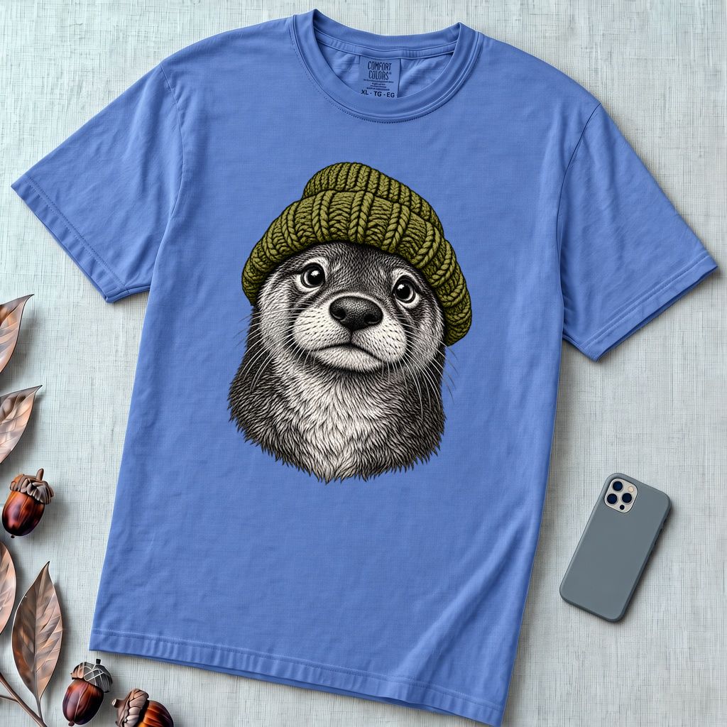 Otter in a Beanie T-Shirt - Mystic Blue unfolded t-shirt mockup